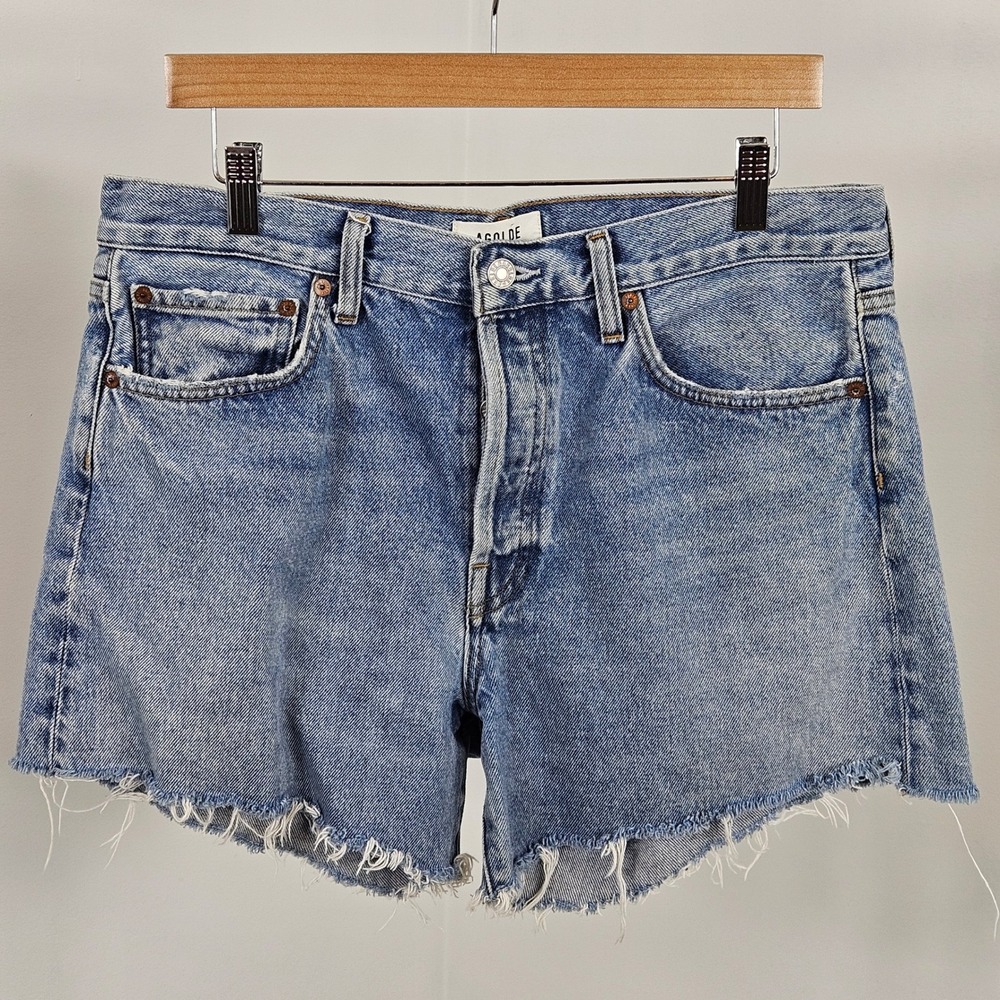 AGOLDE Parker Long Cut Off Shorts Button Fly 30 (32) Blue High Rise Raw Hem